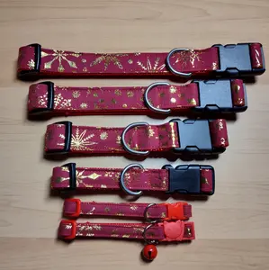 Holiday Christmas Gold Snowflakes on Maroon Cat Collar and Dog Collar