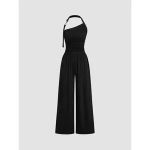 Cider Halter Neckline Buckle Ruched Wide Leg Jumpsuit