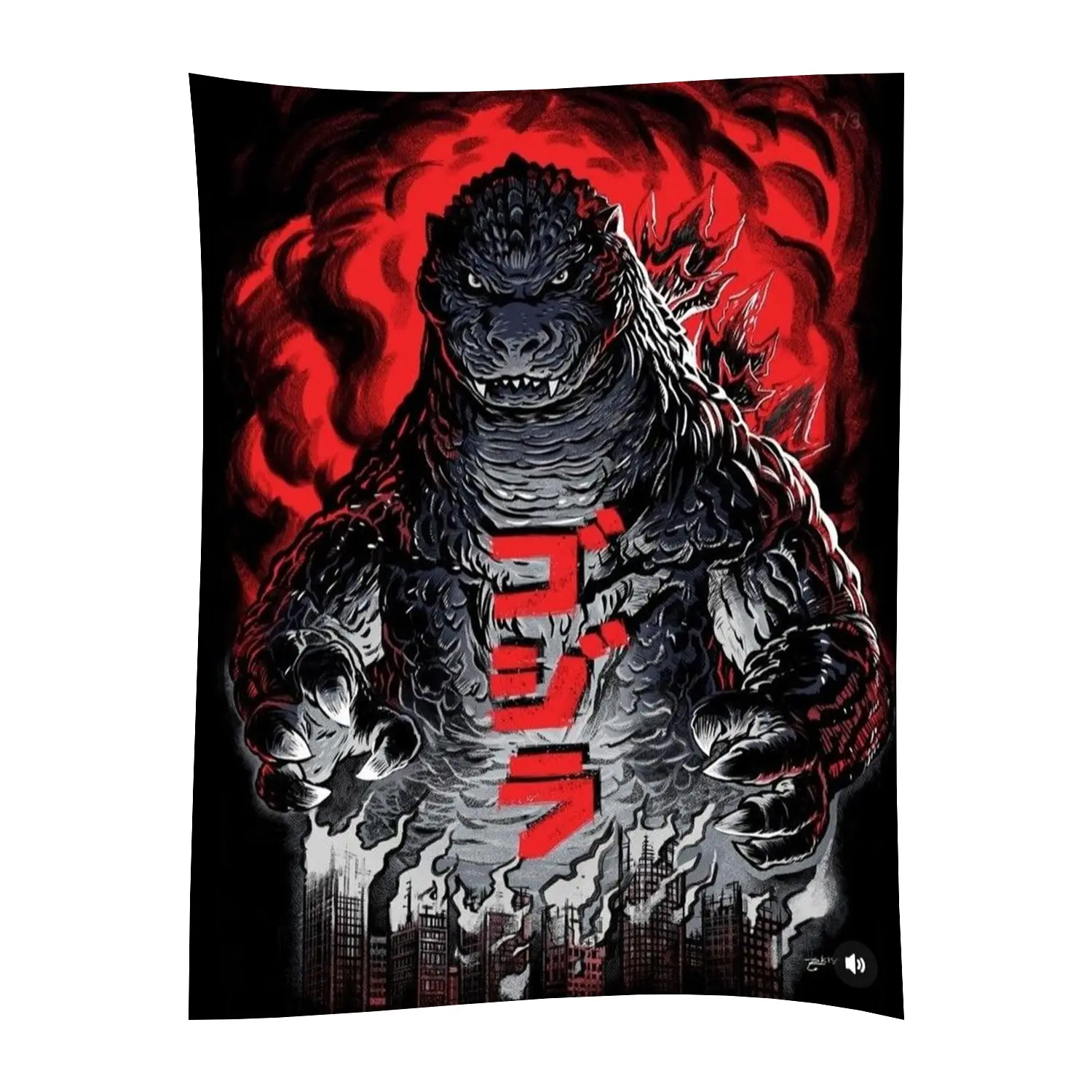 Godzilla Flannel Fabric Throw Blanket - Red Black Smoke City Destruction, Japanese Kanji Retro Kaiju Art, Retro Look, Ultra Soft Fluffy, Warm Polyester, Living Room Decor, Perfect Gift for Kaiju Fans