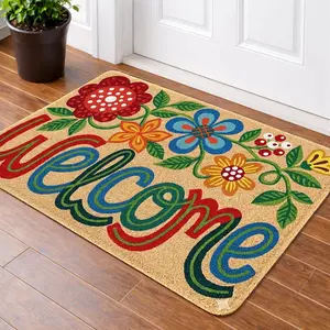 Spring Floral Hand-Drawn Coir Door Mat, Welcome Text, Large Flower Pattern, Non-Slip Stain-Resistant Rug, Entryway Decor, High Aesthetic Trendy Essential