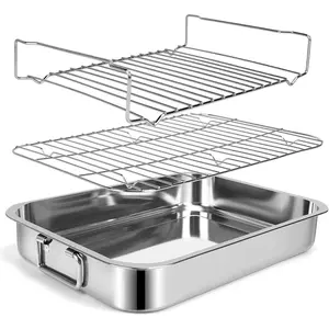 15.5" Stainless Steel Roasting Pans with Handles, Baking Pan for Oven with 2 Racks, Heavy Duty, Dishwasher Safe Rectangular Lasagna Pan for Turkey Chicken, Silver