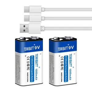 2-Pack 9v Lithium Battery USB Rechargeable, 340mah Square Batteries for Multimeter, Electric Guitar, Instrumental Use