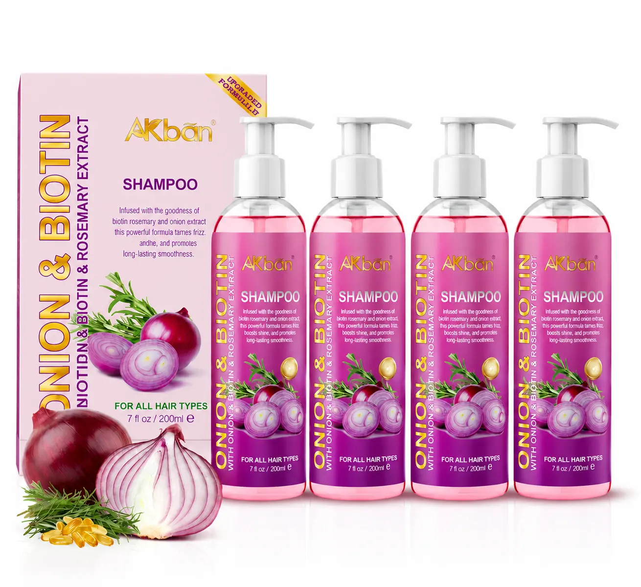 AKban Onion Rosemary Biotin Shampoo Set - 2 x 400ml Fresh and Clean Anti-Hair Loss Cleanser, Paraben-Free Strengthening Scalp Care for All Hair Types, Promotes Healthy Growth