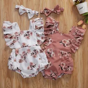 Newborn Baby Girl Summer Outfit Floral Bodysuit Ruffle Sleeveless Romper Dress Backless  Jumpsuit Headband