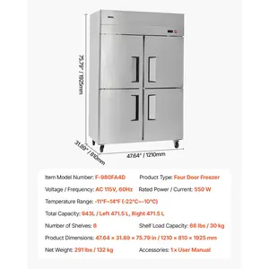 VEVOR Commercial Freezer, 31.89 in Width Reach In Upright-Freezer Four Door, 31.4 Cu. ft Auto-Defrost Stainless Steel Freezer with 6 Adjustable Shelves, -11 to 14 Temp Control, LED Light, 4 Wheels