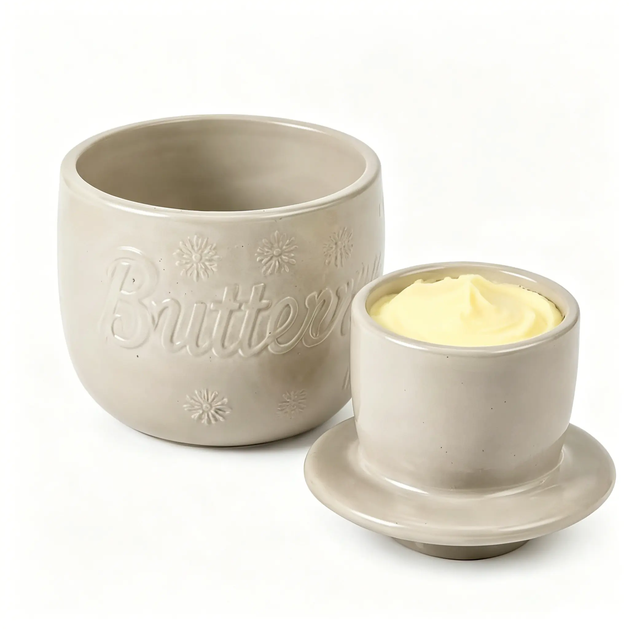 【Lead-Free High-Fire Porcelain Butter Crock With Embossed Butter Letter】No Refrigeration Butter Storage Dish For Daily Brunch, Housewarming Gift For New Home Owners