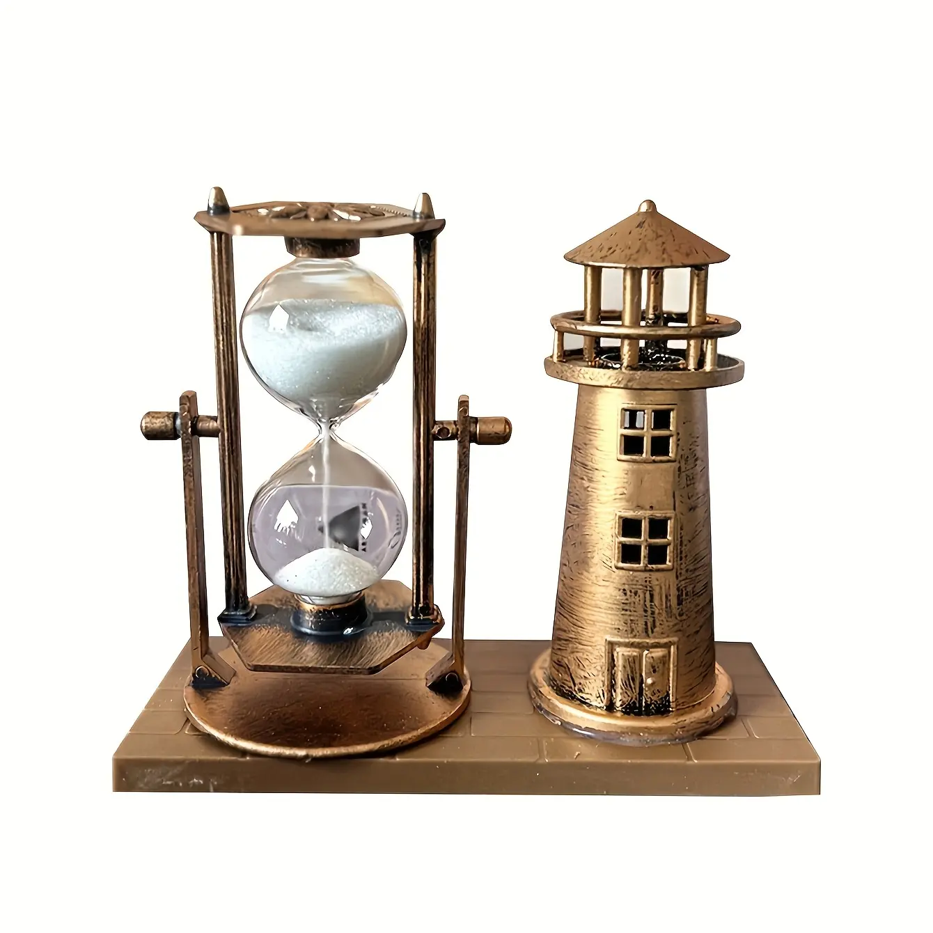1pc Vintage Bronze Lighthouse Motif 3D Hourglass Shape Decorative Ornament - Desktop Home Decor, Collectibles Gift for Home Supplies, Statues & Figurines