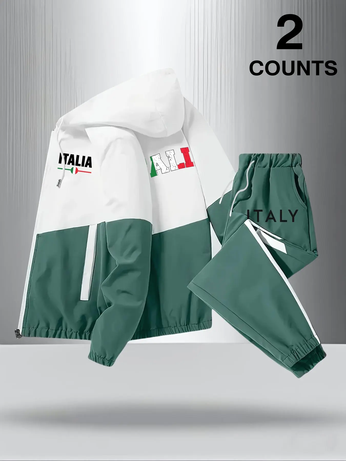 Men's Italy 2 Piece Streetwear Tracksuit Set, Full-Zip Hooded
