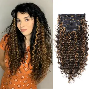 24inch Synthetic Clip in Hair Extensions Synthetic Clip ins 140G 7Pcs/Lot Double Weft Full Head Japanese Heat Resistant Fiber Hairpieces Highlight Thick Deep Wave Fake Hair