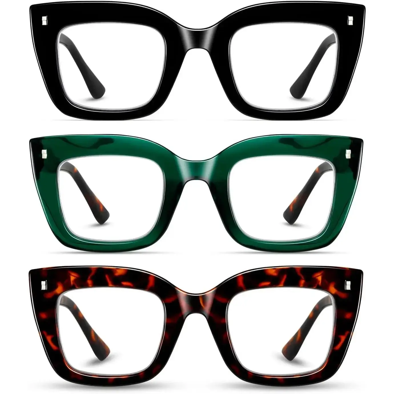 Women's Reading Glasses 3 Pack, Stylish Oversized Square Frames with Blue Light Blocking and Spring Hinge, Multi Pack
