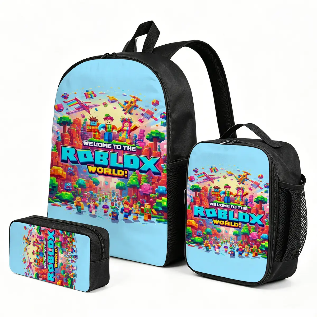 roblox Trending Cartoon Print Backpack 3-Piece Set | Cute Bookbag for Boys Girls| Kids Lunch Box and Pen Pouch Combo Gift
