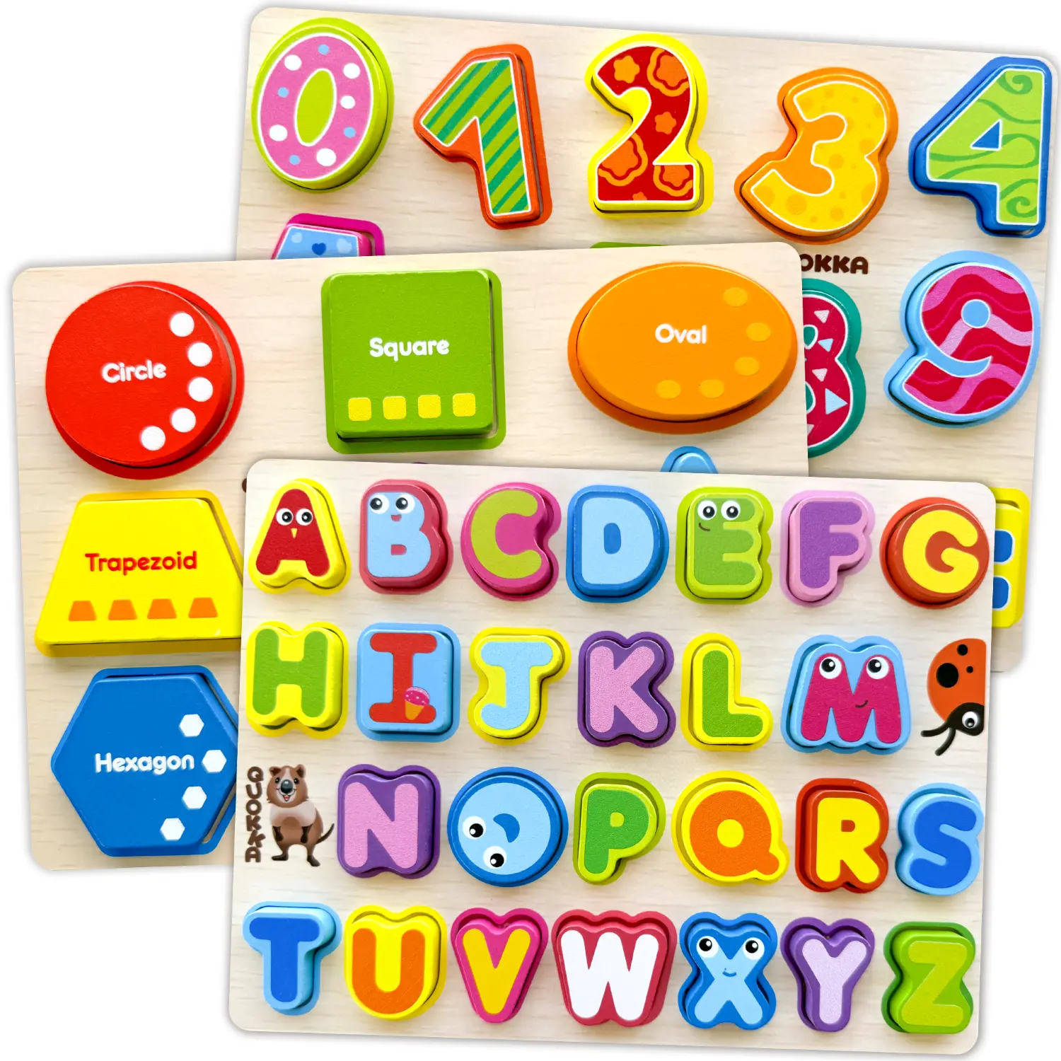 QUOKKA 3-Set Chunky Wooden Peg Puzzles for Toddlers - Beginner Alphabet, Numbers, Geometric Forms, 9.8x1x7.4 Inches, Children Development Toy, Toddler-Friendly Design