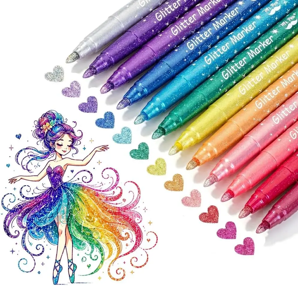 Mr. Pen Glitter Marker Pens - Colorful Set, Fine Tip, Fine Writing Office Stationery for Kids