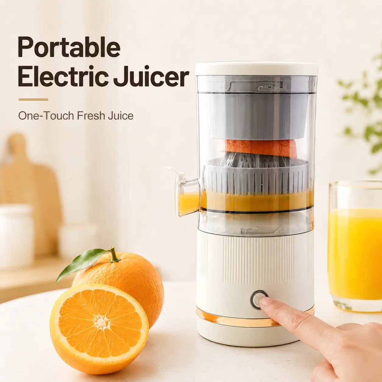 Portable Electric Citrus Juicer, USB Rechargeable One-Touch Automatic Orange Lemon Lime Squeezer with Hands-Free Pressing, Pulp Filter and Pour Spout for Fresh Juice, Grapefruit, Kitchen, Breakfast, Travel and Home Use