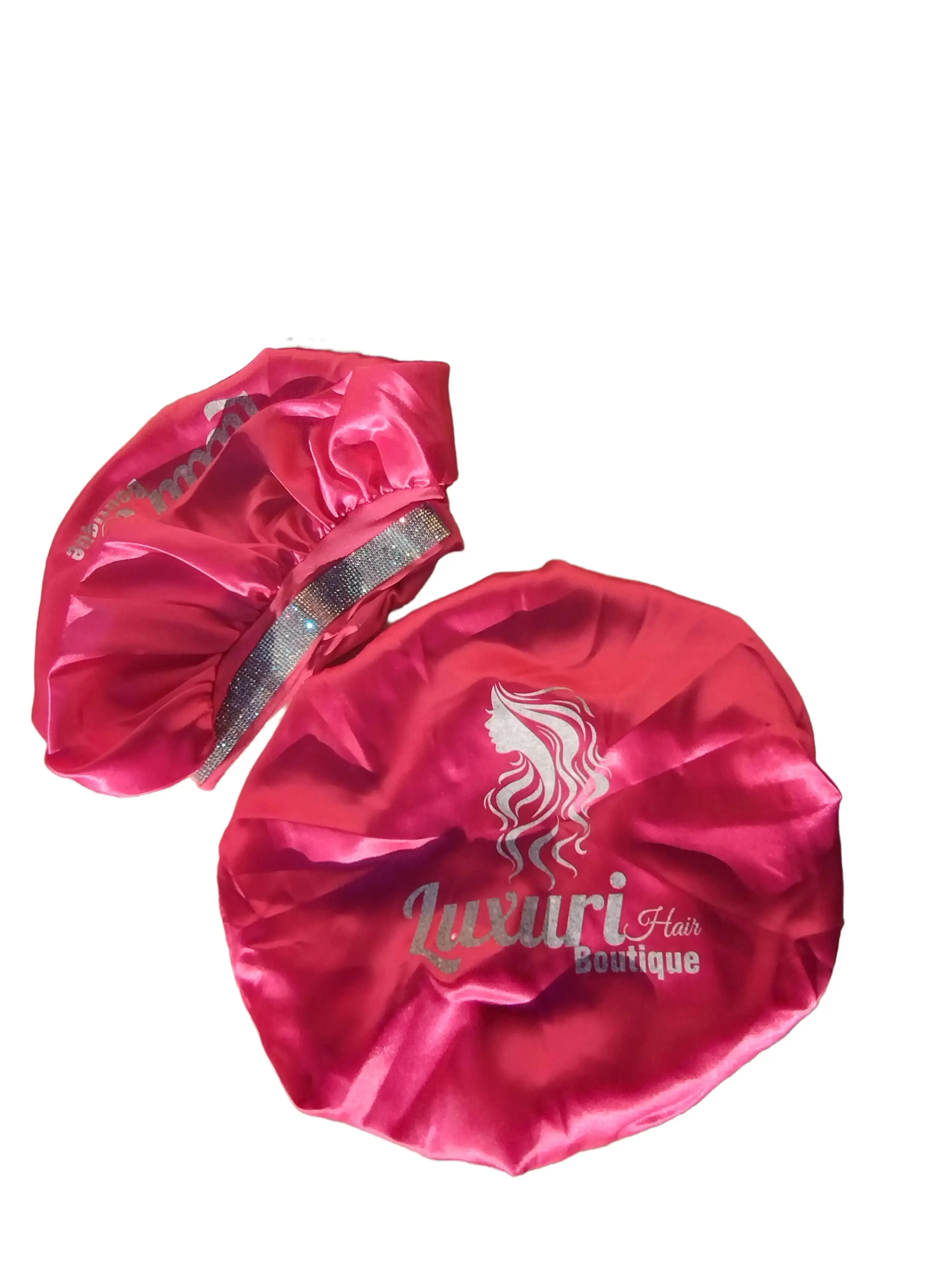 Pink Satin Hair Bonnet with Rhinestones, Luxuri Brand, Frizz-Free Sleep Cap