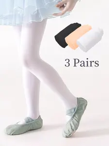 3 Pieces Kids' White Dance Tights - Breathable, Stretchy & No-Heel Design for Active Children