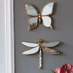 1pc Retro Gold Resin Butterfly & Dragonfly Wall Mirror Decor, Creative Glass Wall Mounted Decorative Sculpture Art for Living Room Bedroom Home Decoration
