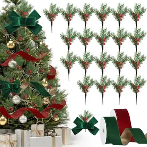 26 count Artificial Pine Picks and  Wired Ribbon Evergreen Branches Red Berry Stems Small  Berries Pinecones Branches for Crafts Xmas Tree DIY Garland Holiday Wreath(No Snow Covered)