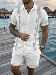 Men's Summer Vacation Geometric Print Short Sleeve Shirt And Shorts Matching Set