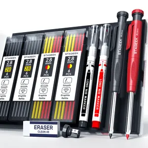 Father's Day Gifts - STAGEEK 2Pack Carpenter Pencils with 26 Refills, Heavy Duty Woodworking Tools, Deep Hole Long Nib Mechanical Pencil Set with Built-in Sharpener & Case (Black/Red)