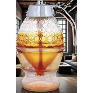 8oz Glass Syrup Dispenser with Stand - No Drip Honeycomb Design - Clear Storage Jar for Maple Syrup, Agave Nectar - Reusable Bee-Themed Container - 11 x 6.6 Inches, Leak-Proof Serving Jar