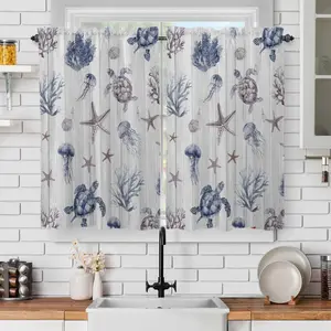 Two Watercolor Designs of Marine Life for Small Curtains, Suitable for Kitchen And Bedroom Windows, Short Curtains with Rod Pockets for Home Decoration, Ideal for Living Rooms, Kitchens, And Bathrooms