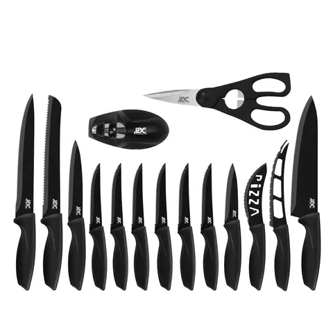 LDC LUX DECOR COLLECTION 15-Piece Stainless Steel Kitchen Knife Block Set with Steak Blades, Ergonomic Handles, Ultra Sharp Fine Edge for Clean Cuts, Lightweight Cutting Kitchenware, Scissors & Sharpener