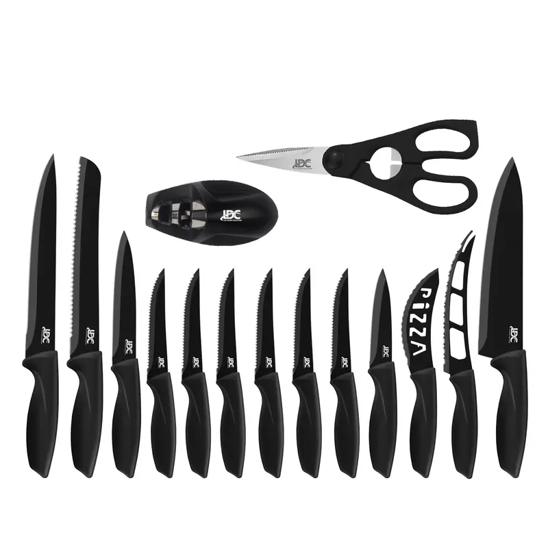 LDC LUX DECOR COLLECTION 15-Piece Stainless Steel Kitchen Knife Block Set with Steak Blades, Ergonomic Handles, Ultra Sharp Fine Edge for Clean Cuts, Lightweight Cutting Kitchenware, Scissors & Sharpener
