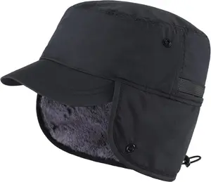 Men's Winter Hat with Visor Warm Earflaps Hat Fully Lined Faux Fur Baseball Cap Trapper Hunting Hats