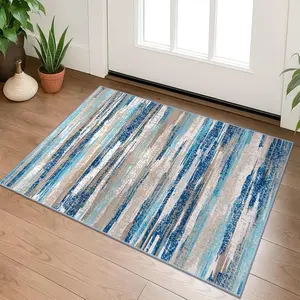 Small Abstract Area Rug, Entryway Rug Washable Door Mat Indoor Entrance, 2x3 Washable Rug Non-Slip, Soft Blue Kitchen Rugs Thin Print Faux Wool Floor Carpe