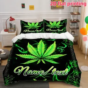 2D Flat 3Pcs Dark Green Marijuana Leaf Pattern Duvet Cover Set, Microfiber Bedding with 1 and 2 Pillowcases (No Filling), Suitable for All Seasons, Bedroom Dormitory Decor, Home Textile.