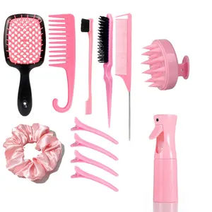 Hair Brush Set, 12 pcs Detangler Brush with Hair Spray Bottle, Scalp Massager for Wet Dry Curly Hair, Bristle Hair Brush Hair Comb for Women Girl steel needle pointed tail comb,  two-head eyebrow brush, crocodile clip,  spray bottle, Hair Styling Combs