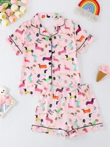 Girls' Cartoon Animal Pyjamas Set, Short Sleeve Button-Front Top & Shorts, Fitted Design, All-Season Wear, Casual Style