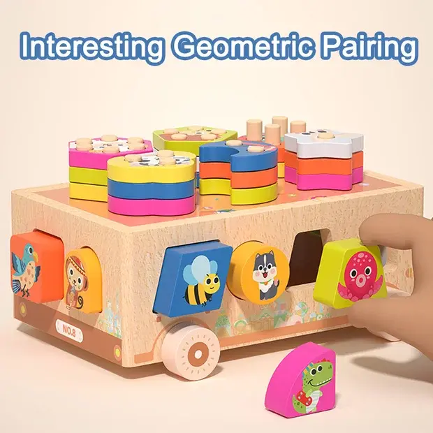 Wooden Animal Park Sorting & Stacking Cart, Shape Matching Toy Car, Toddler Educational Cart: Sort, Match, Stack & Play, Birthday gift, Halloween gift, Learning Toy, Mother's Day