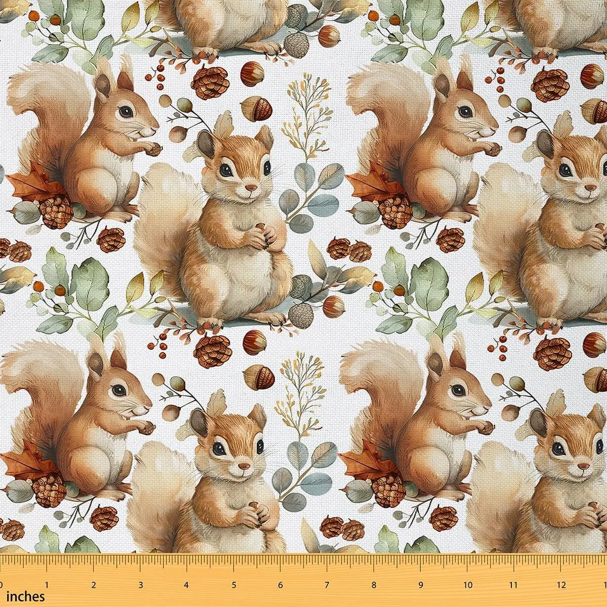 Squirrel Fabric,Autumn Harvest Nuts Gifts Upholstery Fabric,Woodland Jungle Animal Decorative Fabric,Watercolor Botanical Leaves Indoor Fabric