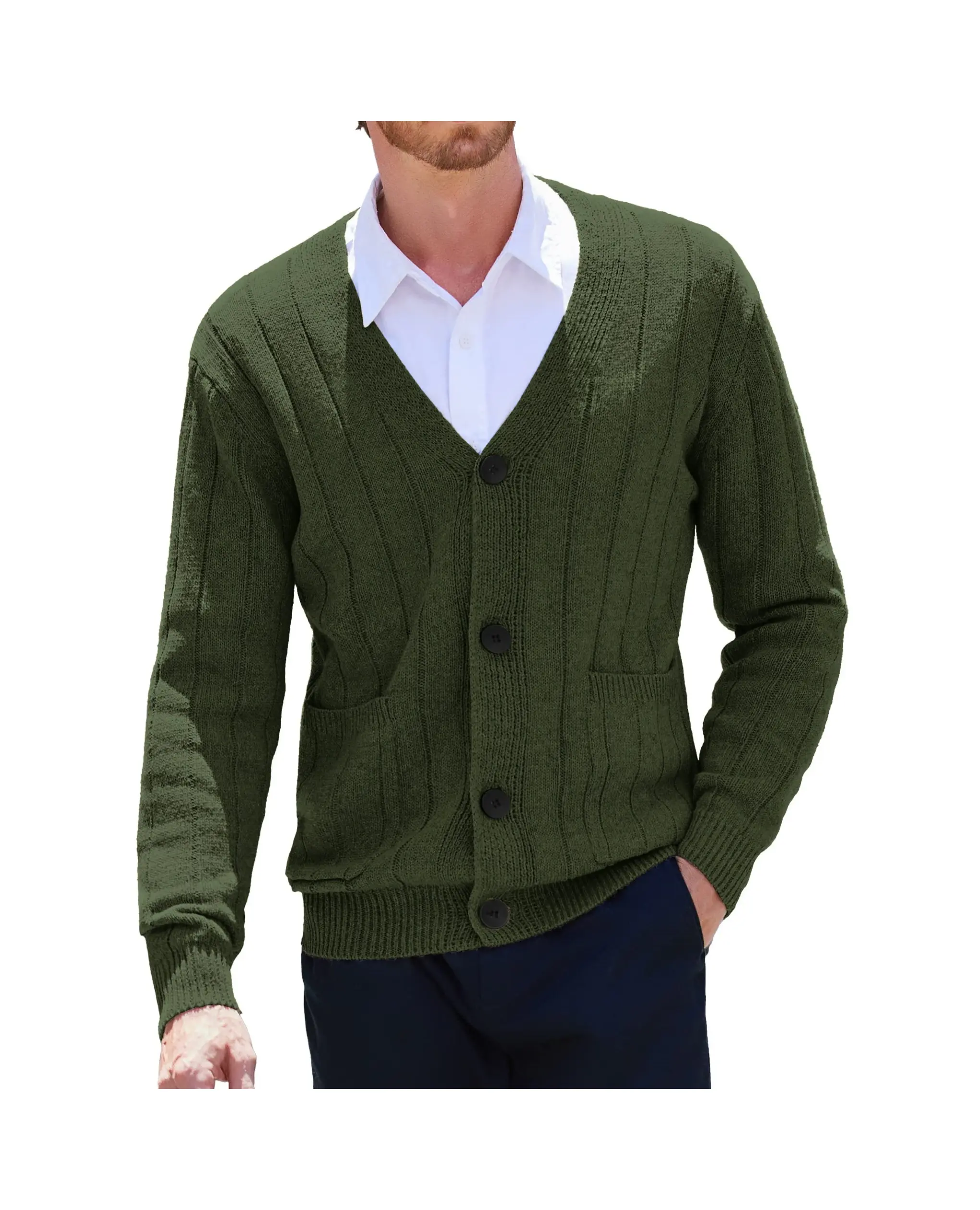 Coofandy Men's Long-Sleeve Cable Knit V-Neck Button-Up Cardigan Top with Pockets, Ribbed Hem, Soft Fabric - Casual, Office Wear, Gift Idea for Small-Sized Men