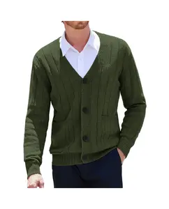 Coofandy Men's Long-Sleeve Cable Knit V-Neck Button-Up Cardigan Top with Pockets, Ribbed Hem, Soft Fabric - Casual, Office Wear, Gift Idea for Small-Sized Men
