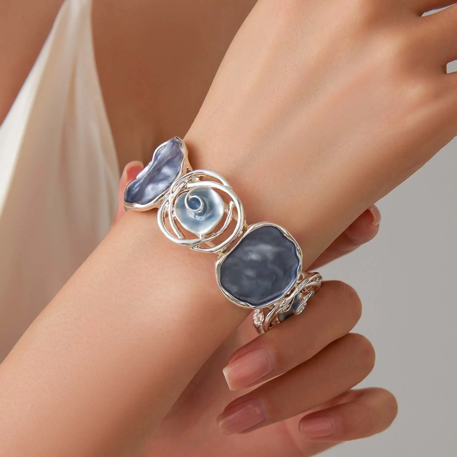 Colorful Rose Bracelet for Women, Hand-Painted Elegant Flowers in an Oil Painting Style, Elastic Daily Jewelry, Art, Female, Geometric, Bangle, Adults, Everyday Wear Jewelry, Oil Paint Look, Elastic Fit, Colorful Roses, Floral Artificial Gemstone Bracelet