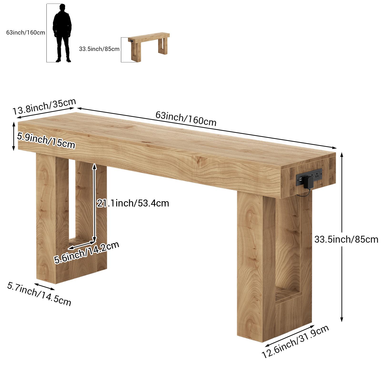 Homieasy 63'' Farmhouse Console Table with Power Outlets and Sensor Light, Wooden Entryway Table with Storage, Rectangular Sofa Tables Behind The Couch for Entrance, Hallway, Living Room entryway table
