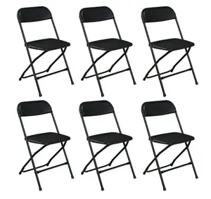 Set of 6 Folding Chairs Heavy Duty Steel Frame Plastic Commercial Wedding Party Black Color
