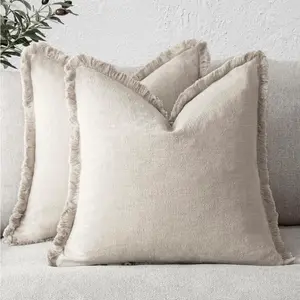 Set of 2 Decorative Linen Fringe Throw Pillow Covers for Couch, Sofa, Bed-Cozy Boho Farmhouse Cushion Covers with Tassels, Soft Accent Pillowcases, 24×24 Inch, Beige