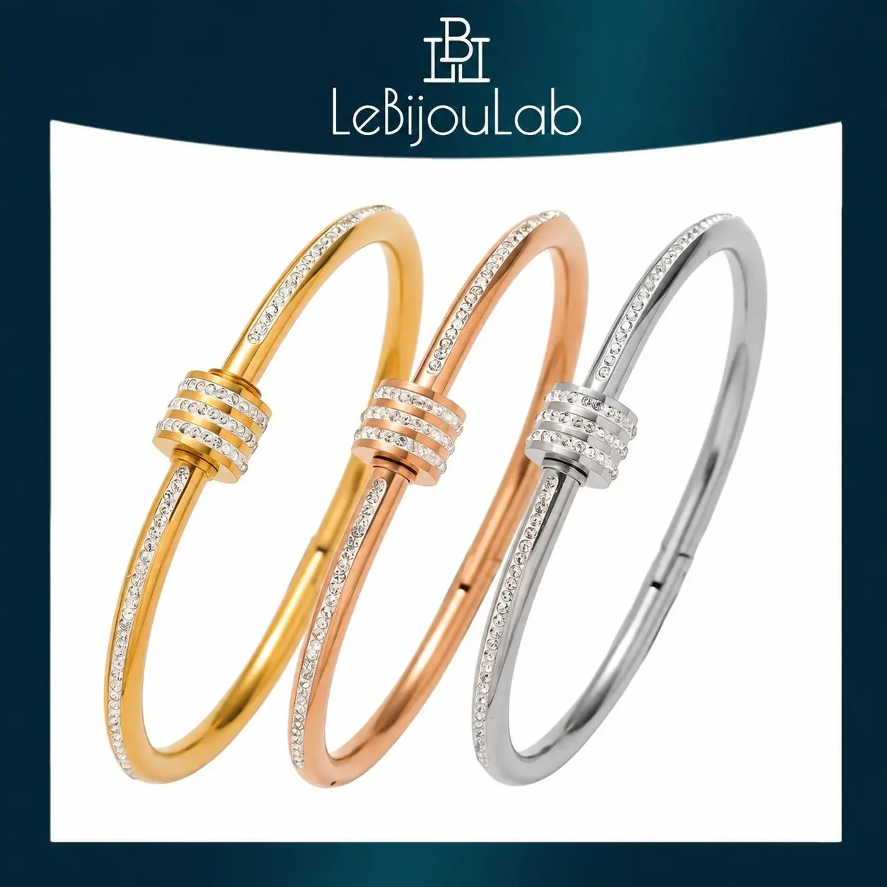 [LebijouLab] 18K Gold Finish - Waterproof Stainless Steel Bangle - Waterproof Rhinestone Arm Candy Accessory, Curved, Silver & Gold Embellished Bracelet for Christmas Gifts, Arm Candy Accessories, Curved Bracelets & Bangles