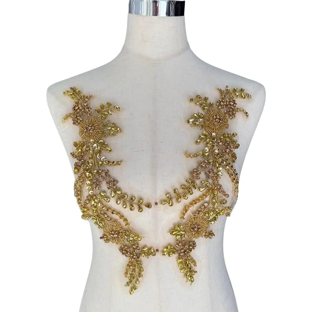 2PCS Shiny 3D Flower Rhinestone Beaded Applique Patches for Clothing Wedding Prom Dress DIY Project Decoration 13.3 * 5.5 in Gold