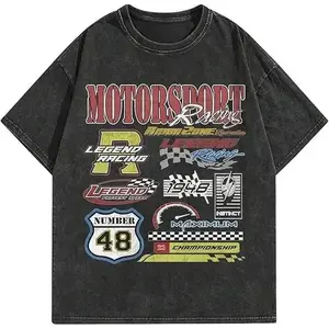 Cotton Acid Washed Tees Unisex Retro Motorsport Racing Prints Vintage Fashion Streetwear Casual Baggy Comfy Tops T-Shirt for Men Women - graphic tee