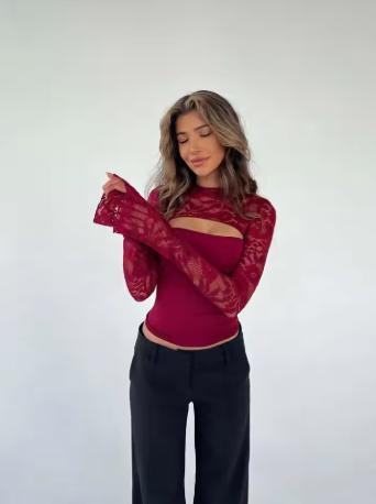 Elegant Lace Patchwork Long Sleeve Fitted Top, Sexy Hollow Out Design, Perfect for Bar Parties and Vacation, Versatile Women's Blouse