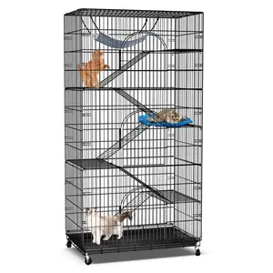 PetCozife Large 6-Tier Cat Durable, Cage Playpen Box Crate Kennel, with 3 Doors, Hammock, Suitable - 36"L x 22"W x 72"H, Black, Pet Valentine's Day
