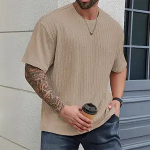 Men's Summer Texture Fashion Solid Color Casual Crew Neck Short Sleeve T-Shirt, Fitted Style, Moderate Fabric Thickness, Perfect for Daily Wear