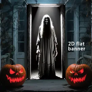 Halloween Decoration Door Banner, Haunted Ghost Print Porch Hanging Sign Yard Sign Banner, Spooky Party Decor for Indoor Outdoor Halloween Theme Parties