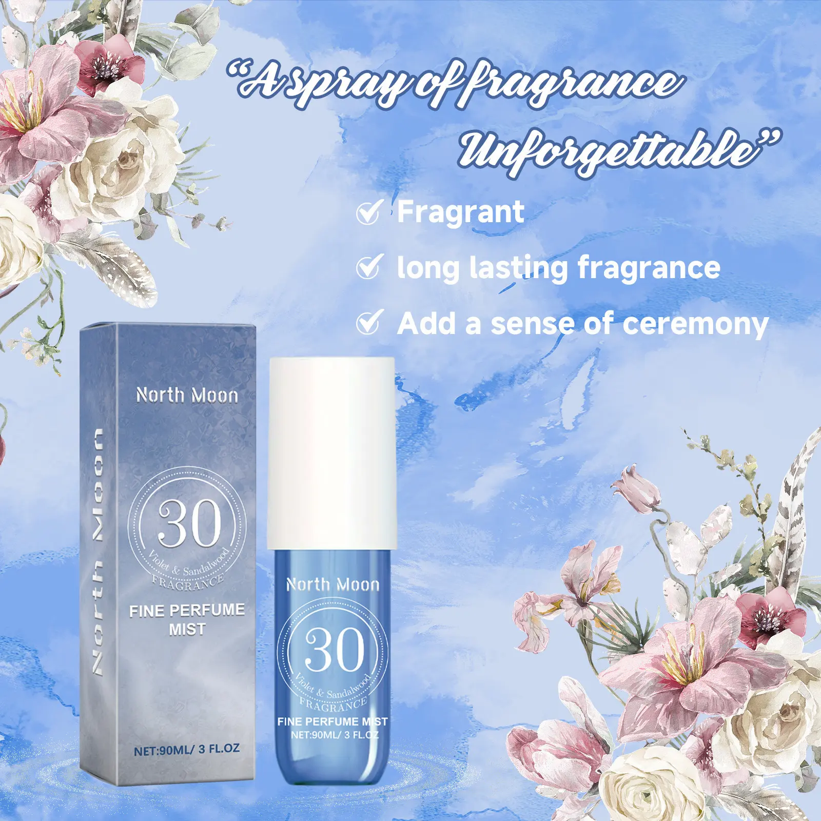 North Moon violet perfume spray, fresh and light fragrance, glamorous perfume behind the ears and wrist
