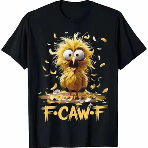 Cartoon Humor TShirt Featuring Surprised Yellow Bird with Flying Feathers and Halloween Pumpkin Graphic Slightly Cropped Unisex Casual Tee